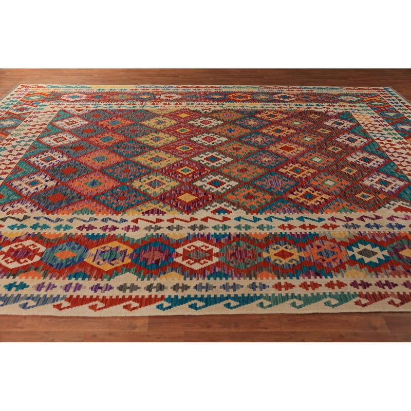 Geometric Trellis Kilim Oriental Area Rug Hand-Woven Wool Carpet - 10'5"x 13'0"