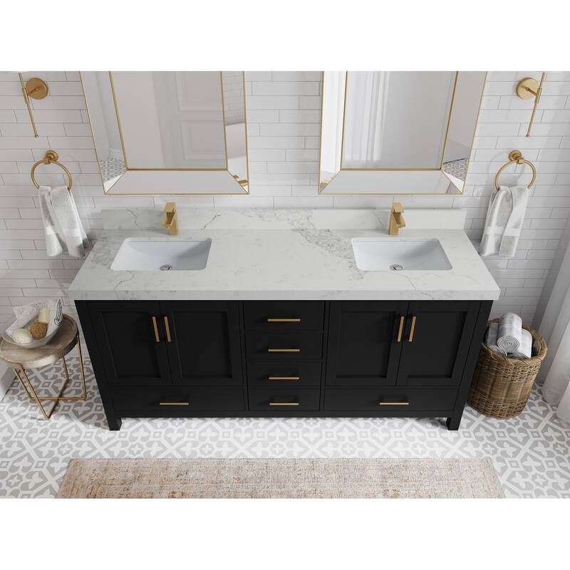 Willow Collection 72 in. W x 22 in. D Malibu Double Sink Bathroom Vanity with Countertop - 2" Calacatta Nuvo - Black