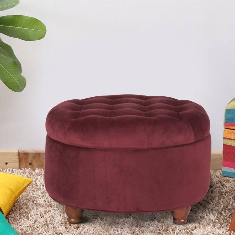Red Velvet Wooden Ottoman Featuring Tufted Lift-Off Lid Storage - Elegant Piece - Red