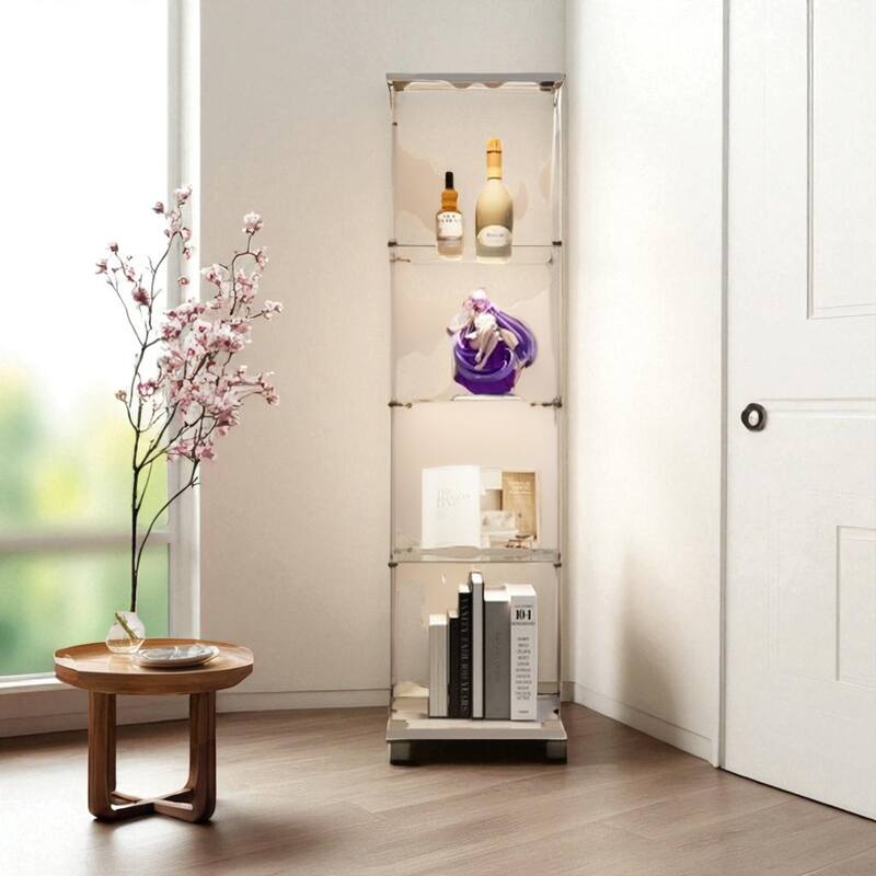 64" Lighted Glass Display Cabinet with One Door, 4 Shelves Tempered Glass Showcase Storage