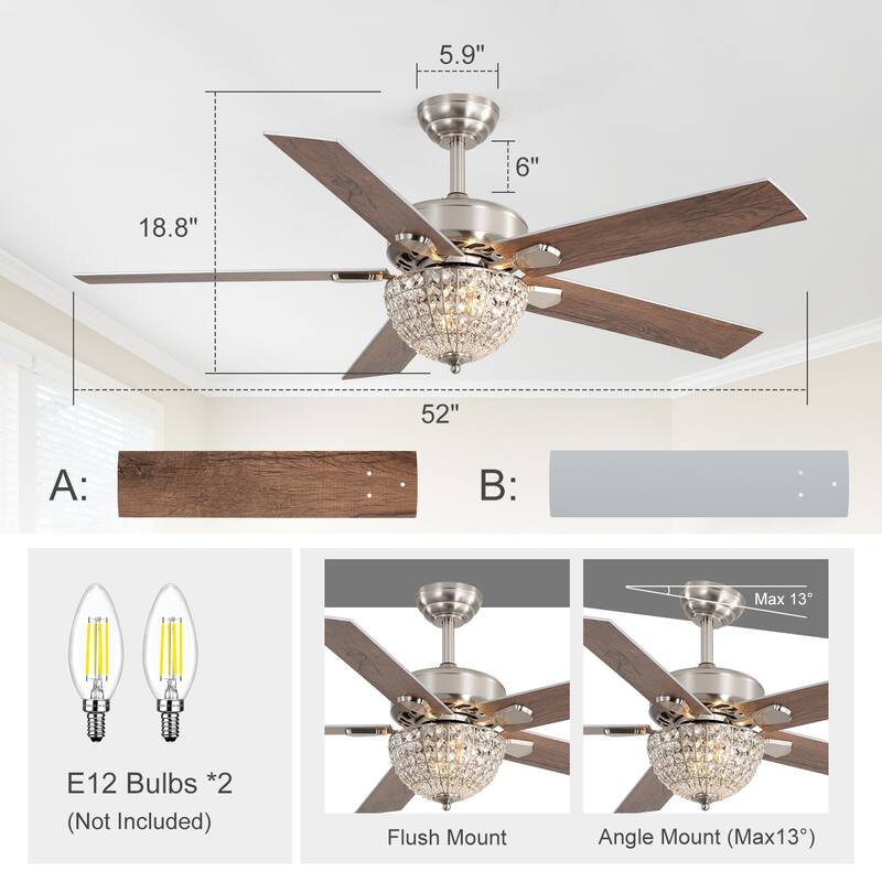 52-Inch Modern Crystal Fandelier Ceiling Fan with Light and Remote (5 Reversible Blades)