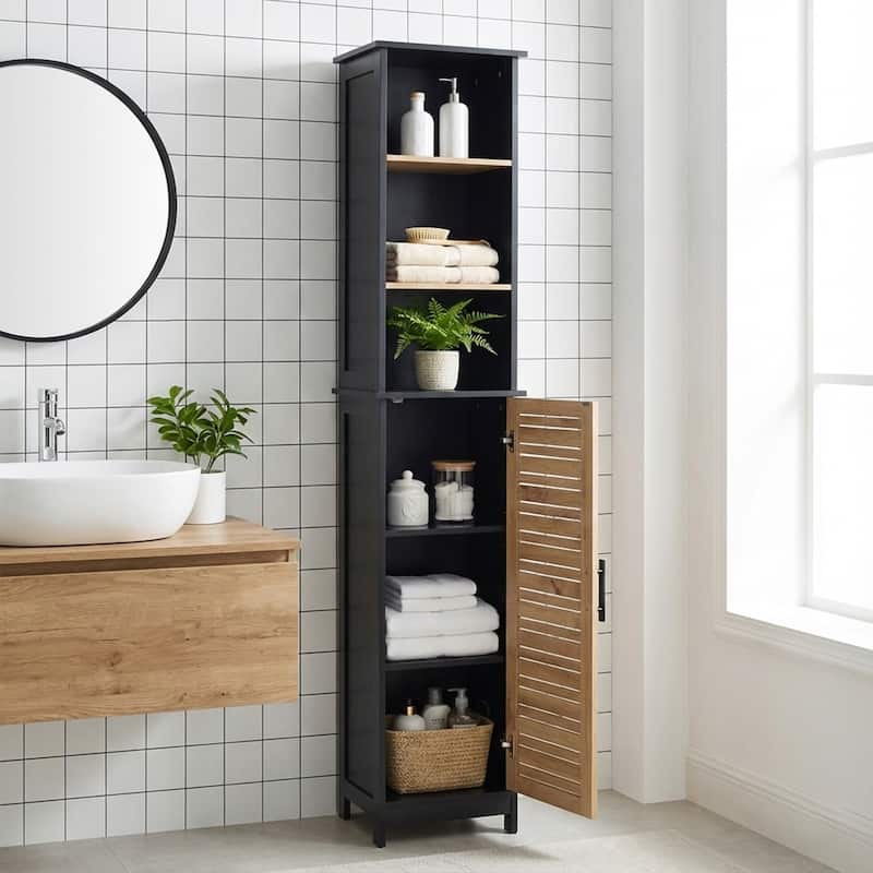 Tall Bathroom Storage Cabinet with Open Shelves and Vented Door, Black and Brown - Bergen Collection - 12 7/8"L x 10.4"W x 68"H