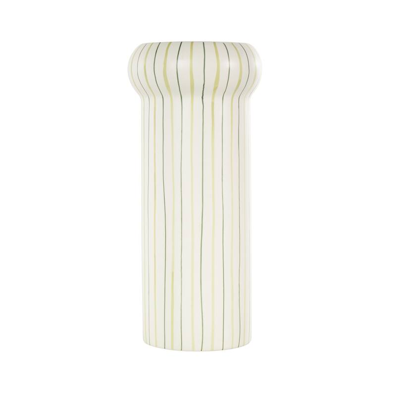 White Ceramic Round Decorative Vase with Green Linear Patterns