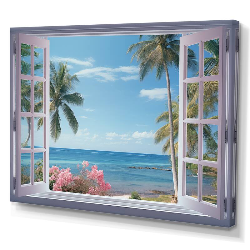 Designart "Tropical Oceanview Through Open White Window" Coastal Wall Decor