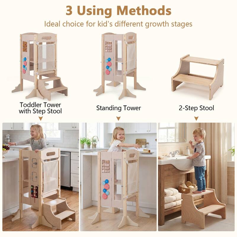 Gymax Foldable Toddler Step Stool Wooden Kitchen Standing Tower w/ - Natural