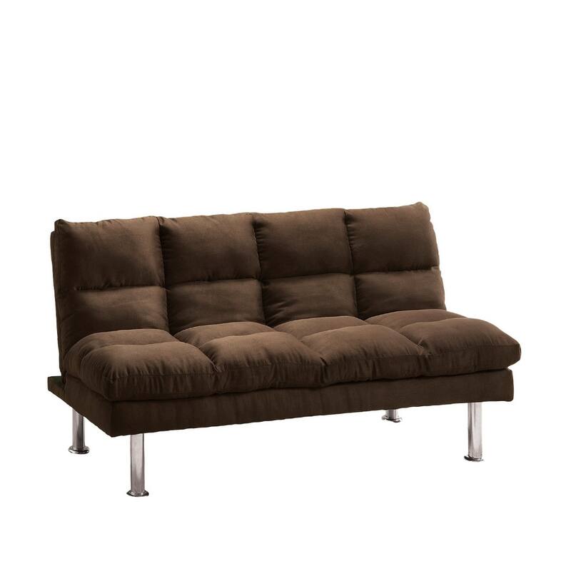 Contemporary Style Futon Sofa Bed Microfabric Converted Into Bed Wit Extra Leg Support Chrome Base Legs Dark Brown Finish