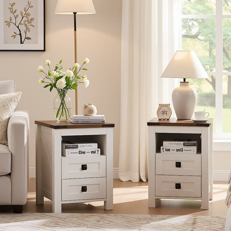 Farmhouse Nightstand Set of 2 with Charging Station, End Table - White