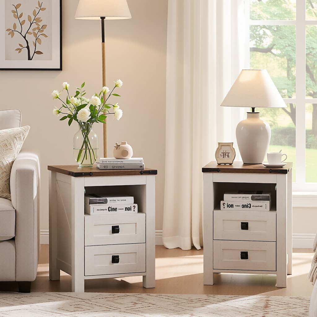 Farmhouse Nightstand Set of 2 with Charging Station, End Table