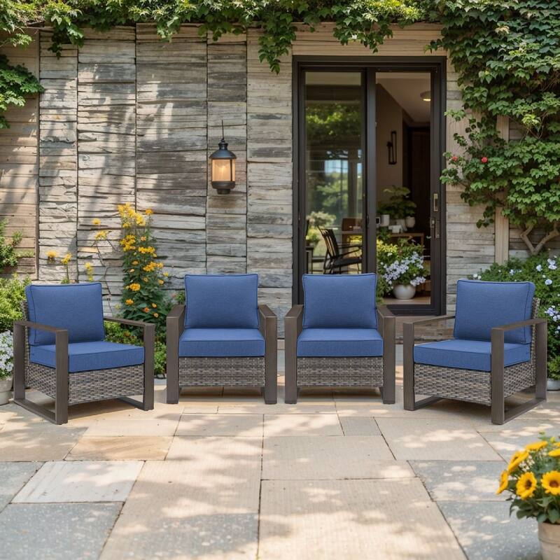 Pocassy Outdoor Patio Chairs Set for Garden Yards - 4 Pieces Patio Chairs - Grey Wicker Blue Cushion