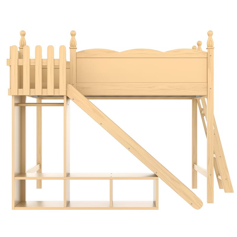 Full Loft Bed with Storage Shelves and Wardrobe, Solid Wood Loft Beds with Detachable Slide and Ladders, No Spring Box Needed