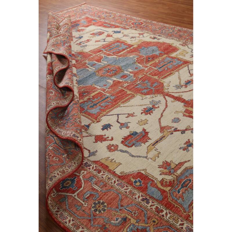 Hand Knotted Oriental 100% Wool Carpet Traditional Medallion Beige & Ivories Heriz (serapi) Area Rug - 11' 10'' X 9' 2''