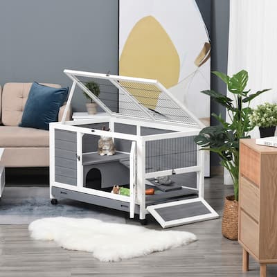 PawHut Wooden Rabbit Hutch Bunny House Elevated Pet Cage Small Animal Guinea Pig Habitat w/ Slide-out Tray Openable Top