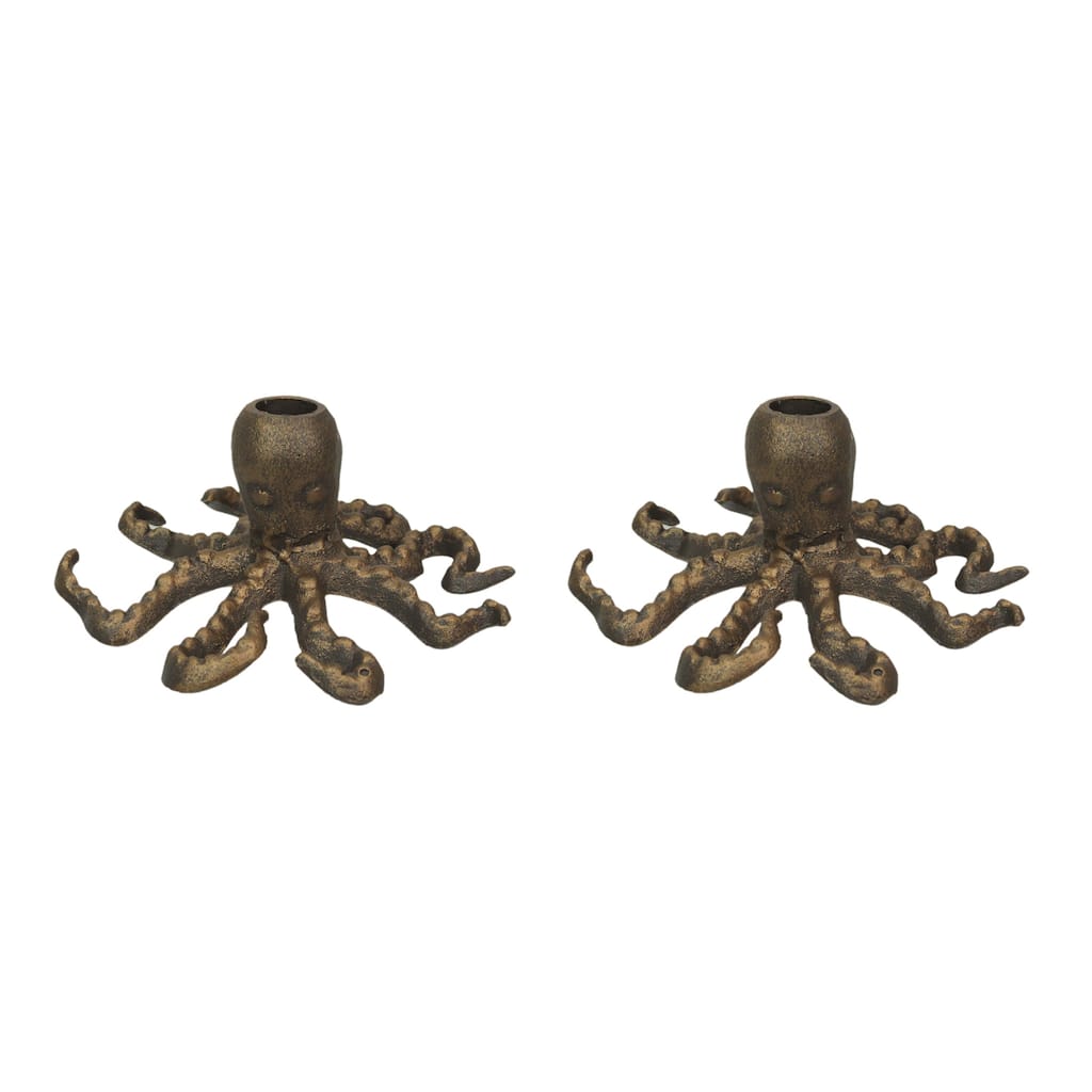 Set Of 2 Octopus Candle Holders Antique Gold Finish Nautical Beach - 3 X 6 X 6 inches