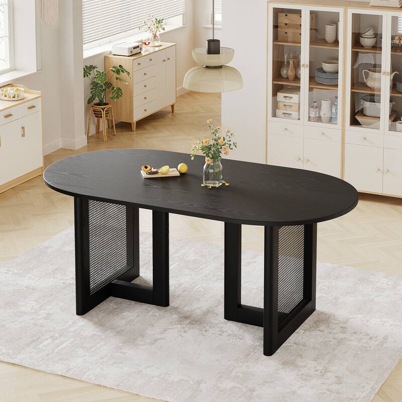 67" Dovelina Oval Dining Table with Rattan Double Pedestal for 6 People - Black