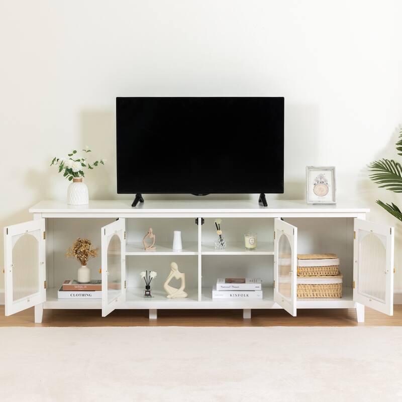 Stylish TV Stand with 4 Glass Doors, TV Console Table Entertainment Center w/ Storage Shelves, Modern TV Cabinet for Living Room