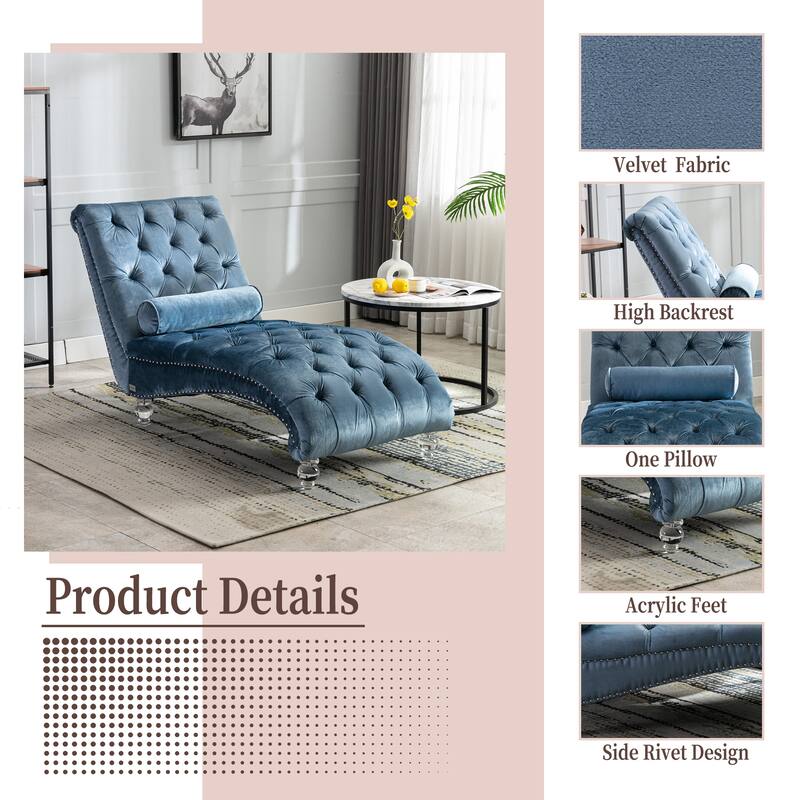 Light Blue Modern 63.98" Upholstered Buttons Tufted Chaise Lounge Chair with Pillow and Acrylic Legs