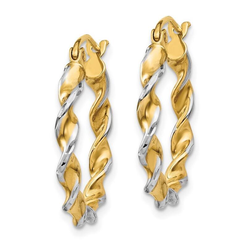 Curata 14k Yellow Gold and Rhodium Fancy Polished 20x2.75mm Twisted Hoop Earrings
