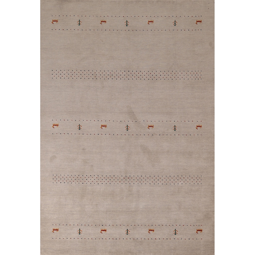 Gabbeh Oriental Area Rug Hand-Knotted Beige Tribal Wool Carpet - 6'7"x 9'9"