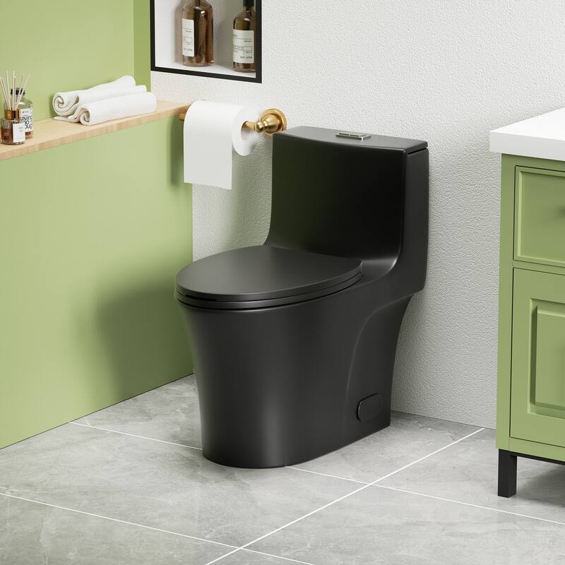 1.1/1.6 GPF Tornado Flush One-Piece Toilet Elongated, Siphonic S-trap 12",Soft Closing Seat, Button on Tank top - Matte Black