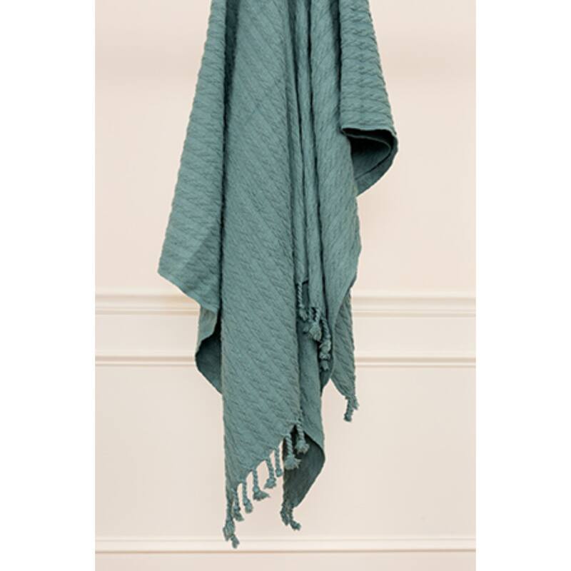 HomeRoots 50" X 60" Teal Cotton Cable Knit Throw Blanket with Tassels