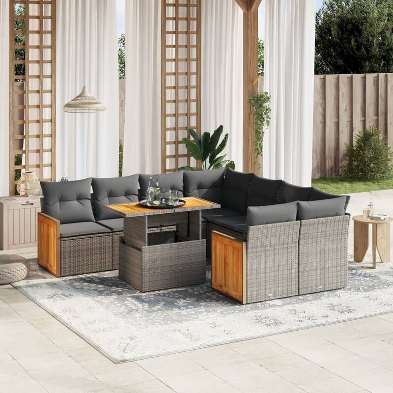 vidaXL Patio Sofa Set with Cushions Outdoor Furniture 9 Piece Poly Rattan - Grey - 21.7 x 39.4 x 28.7 in