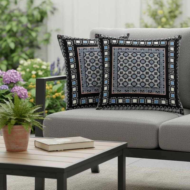 HomeRoots Set of Two 16" X 16" Black and Blue Blown Seam Floral Indoor Outdoor Throw Pillow - 16.00' X '16.00' X '5.00 - Black/Blue - 16.00' X '16.00' X '5.00