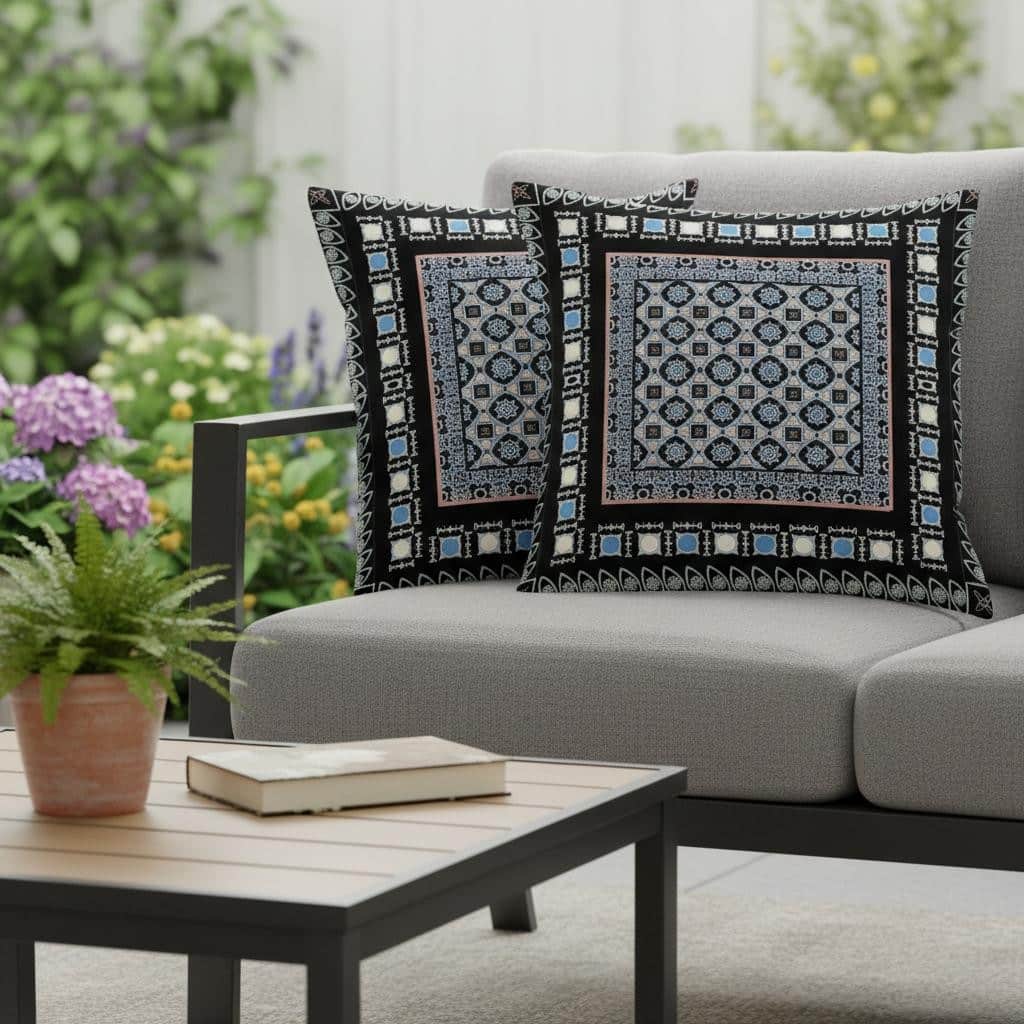 HomeRoots Set of Two 16" X 16" Black and Blue Blown Seam Floral Indoor Outdoor Throw Pillow - 16.00' X '16.00' X '5.00