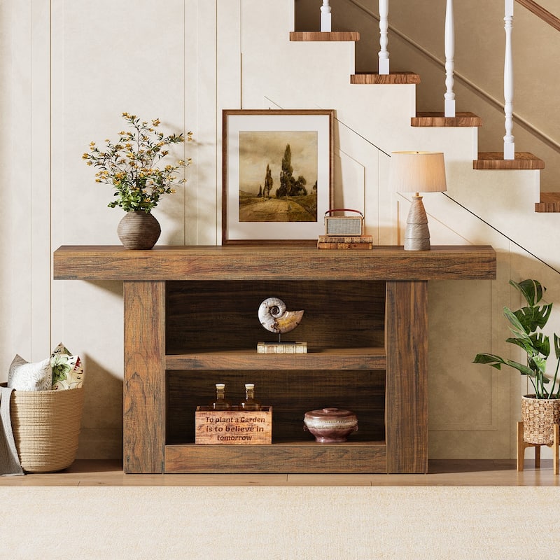63-Inch Console/Entryway Table with Storage U-Shaped Base, 3-Tier Farmhouse Sofa Table Behind The Couch