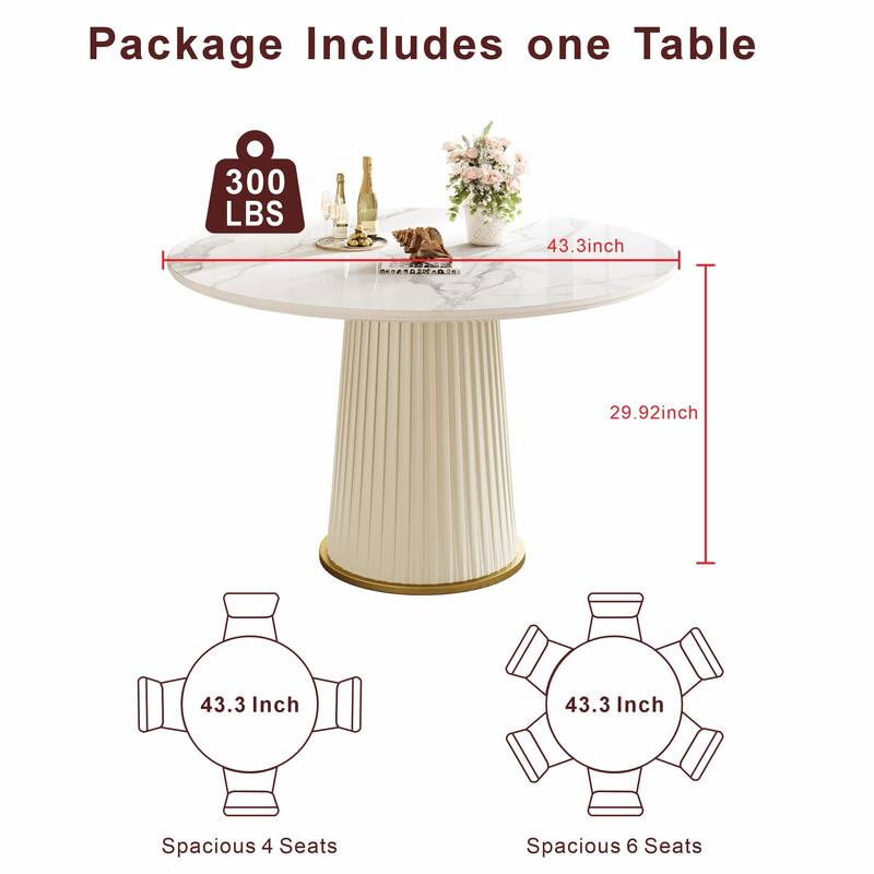 Modern 43.3 Inch Round Dining Table, Glossy Sintered Stone Top with Pleated PU Leather Iron Pedestal, Adjustable Feet - White