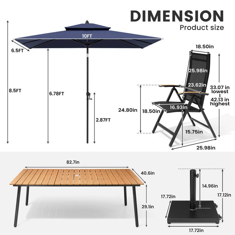 9/11-Piece Outdoor Patio Dining Set Aluminum Dining Table and Folding Chairs w/10 ft Umbrella and Base