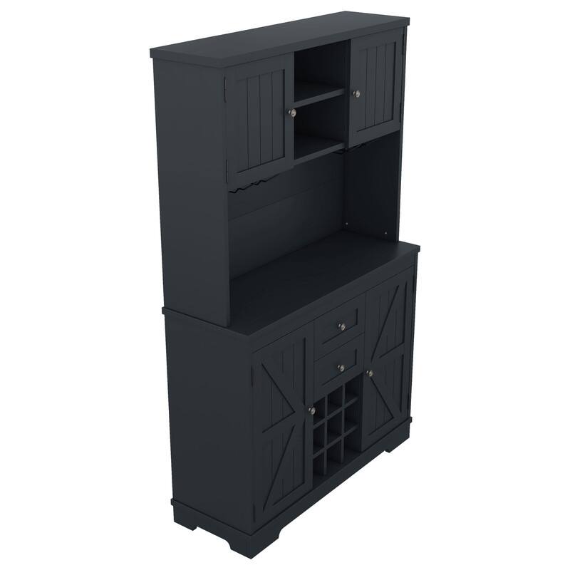 Farmhouse Home Bar Wine Storage Cabinet, Buffet Sideboard Kitchen Pantry with Adjustable Shelves, Drawers & Wine Glass Racks