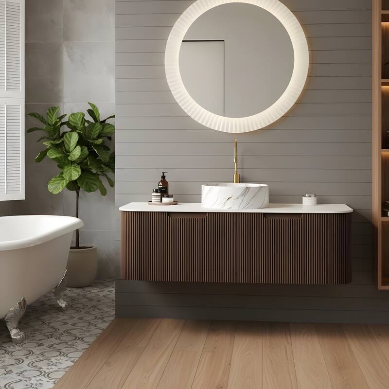 Floating Bathroom with Round Ceramic Basin and Storage Drawer