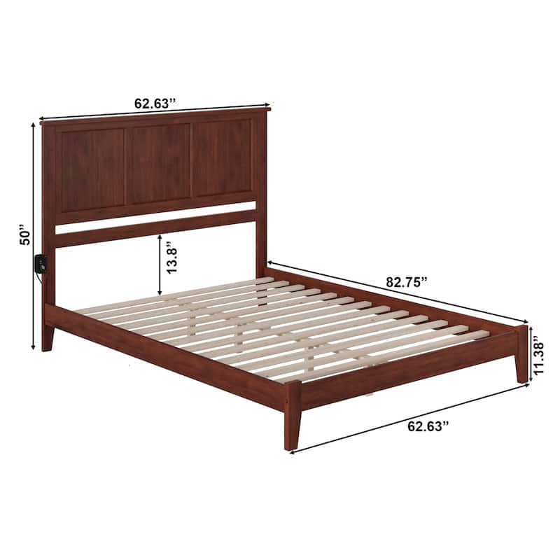 Low Profile Queen Bed - Urban Oasis Platform Bed with Charger - Solid Wood Frame - Walnut Finish