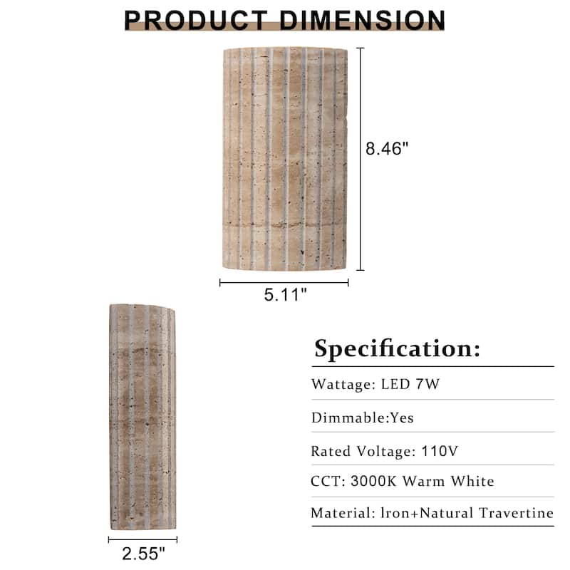 Travertine Dimmable LED Wall Sconce with Vertical Grooved Design