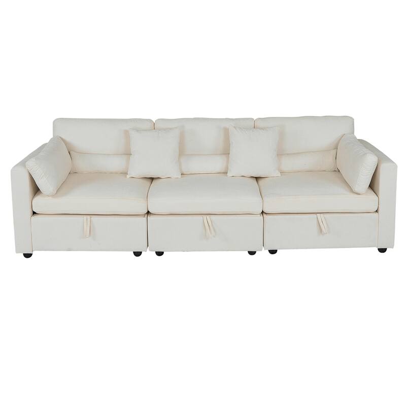 Chenille 3-Seater Sofa, Solid Wood and Rustproof Feet - Beige