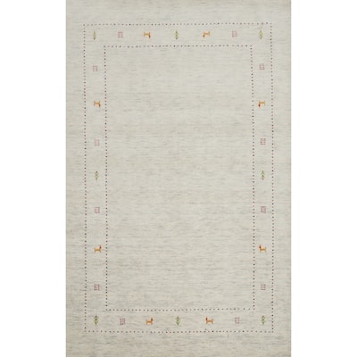Hand Knotted Oriental 100% Wool Carpet Tribal Animal Pictorial Beige & Ivories Gabbeh Area Rug - 7' 9'' X 5' 0''