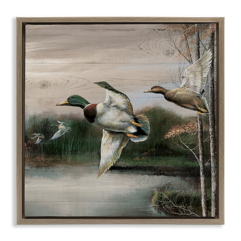 Stupell Flying Ducks in Rustic Nature Framed Floater Canvas Wall Art Design By Ruane Manning - 18 x 18 - Brown