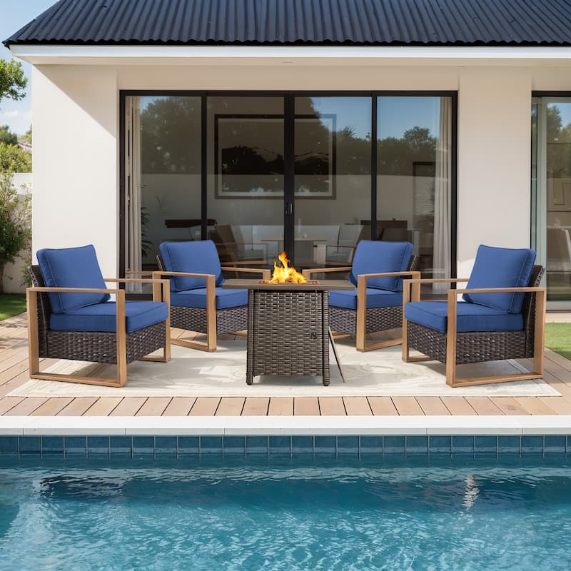 Meyreso 5-Piece Wicker Patio Conversation Set with Fire Pit & Plush 4.5" Olefin Cushions