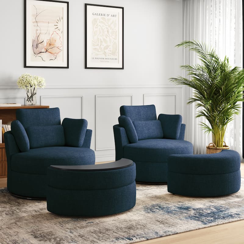 Upholstered Barrel Swivel Chairs with Moon Ottoman (Set of 2) - Chenille - Navy