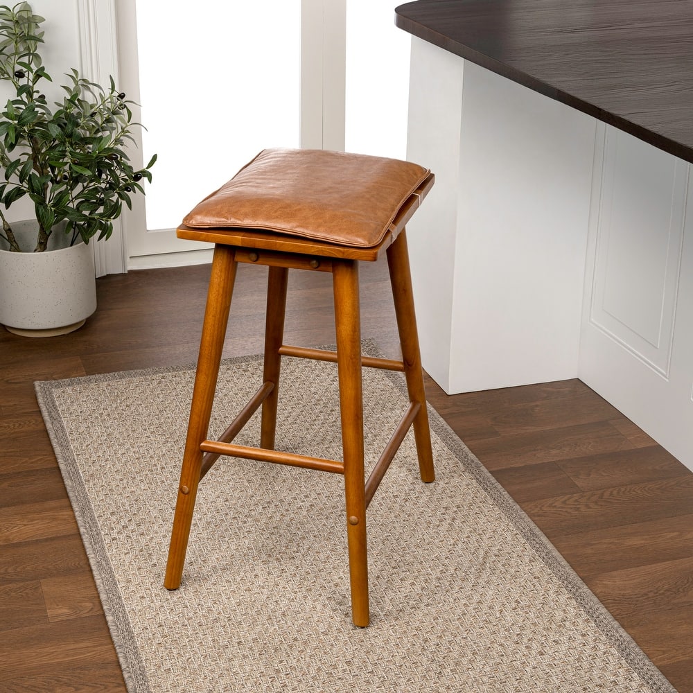 Saddle-Seat Backless Stool, Wood & Vegan Leather w/ Removable Cushion - JONATHAN Y