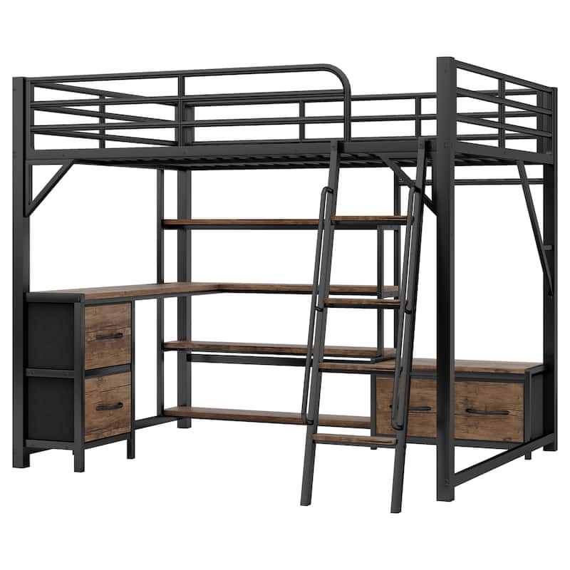 Queen Size Loft Bed with Desk, LED, Storage Shelves, Wardrobe, and Drawers for Space Efficiency
