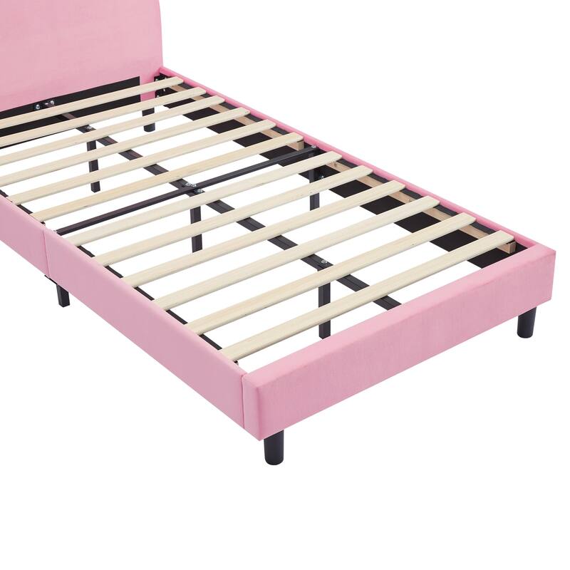 Javlergo Twin Size Kids Bed Frame with Cute Ears Velvet Headboar No Box Spring Required Bed Children's Bed