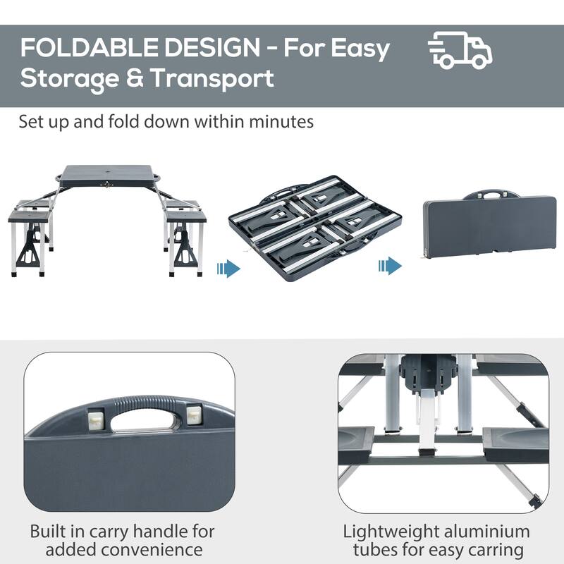 Portable Folding Picnic Table with Seats and Umbrella Hole, Multipurpose Table with Camping Chairs Set, 4-Seat, Aluminum Frame