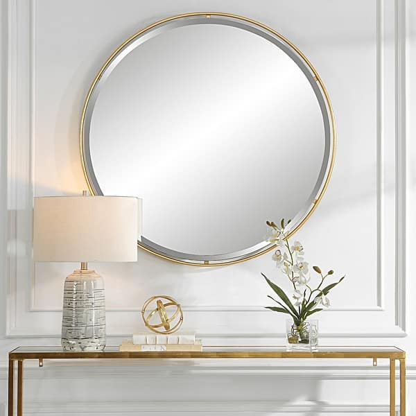 slide 2 of 7, Round Beveled Floating Wall Mirror - 42" - Antiqued Gold Finish