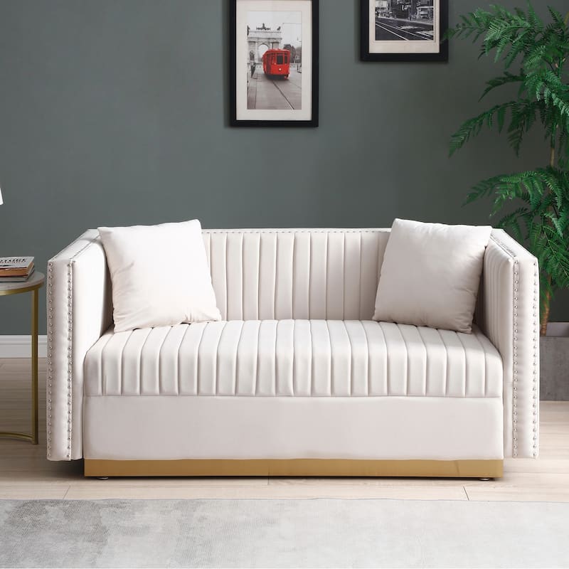 Small Sofa Couch with Nailhead Trim, Bedroom 2 Seat Settee, Versatile Love Seat Couches for Small Space Apartment - Beige