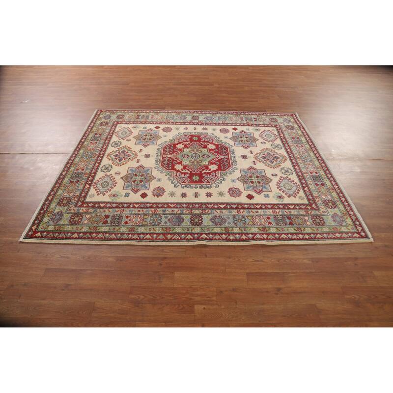 Geometric Beige Kazak Area Rug Handmade Wool Carpet - 5'1" x 6'4"