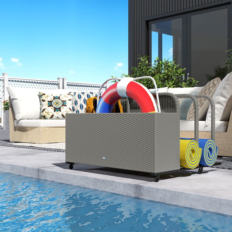 Wicker Pool Float Storage Organizer, PE Rattan Outdoor Pool Float Holder with Rolling Wheels & Storage Rack, Mixed Gray