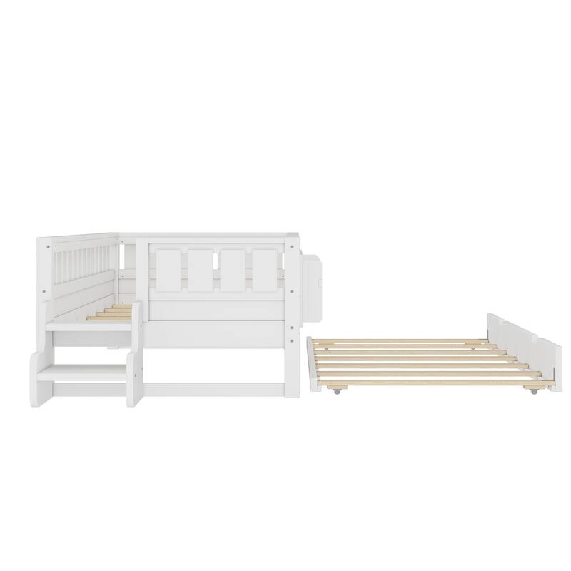 Full/Twin Loft Bed with Bookshelves, Safety Stairs & Trundle