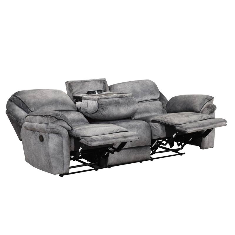 Arisa Sofa and Loveseat Manual Recliner Set, Gray Faux Leather, Drop Table