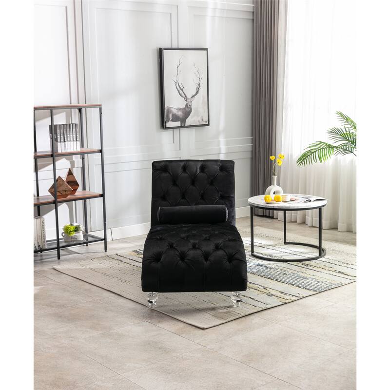 Leisure Concubine Sofa with Acrylic Feet, Traditional Chaise Velvet Barrel Sofa with Lumbar Support Pillow for Living Room